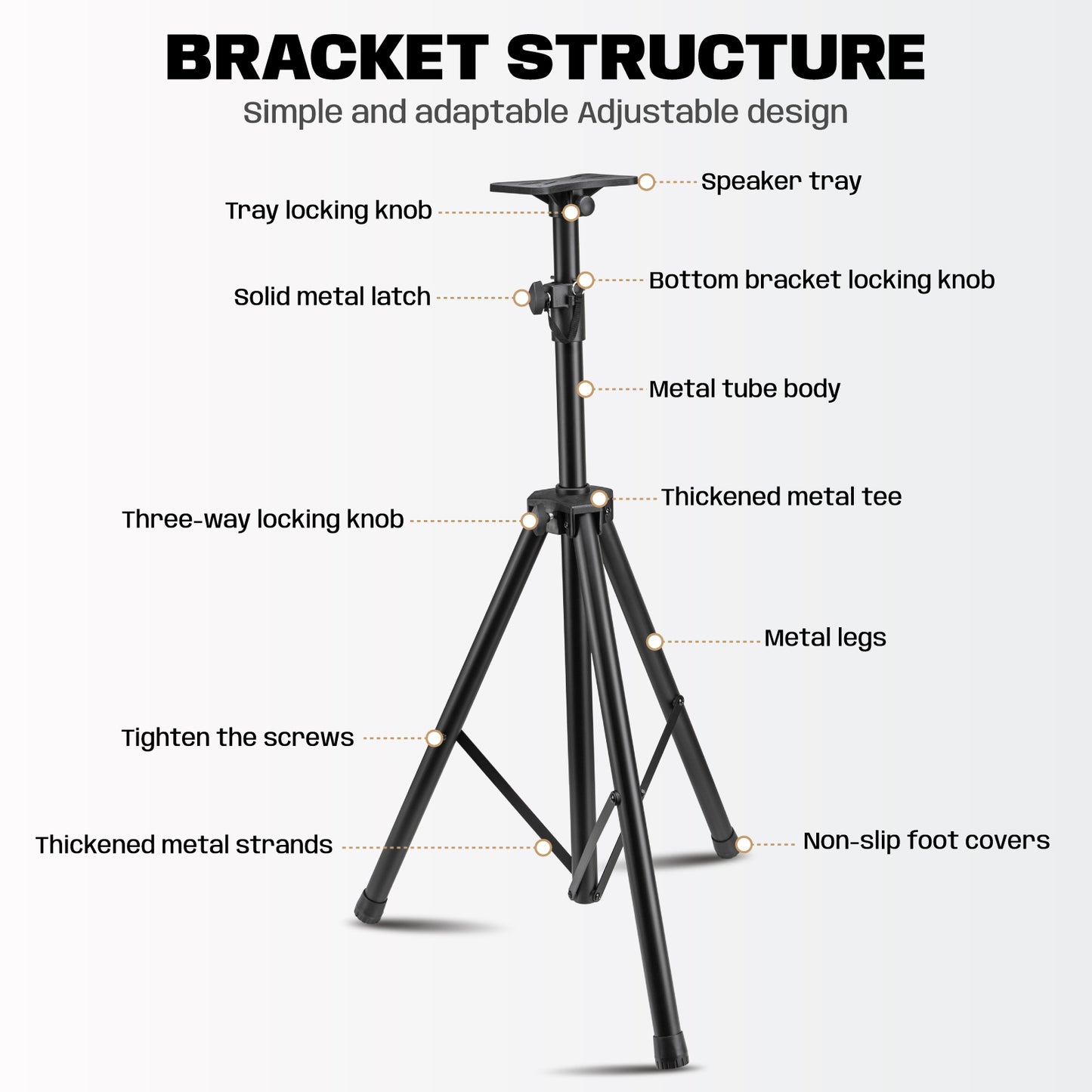 Trépied professionnel pour DJ, support de haut-parleur en métal noir robuste avec tube extra épais, hauteur réglable de 100 cm à 186 cm,