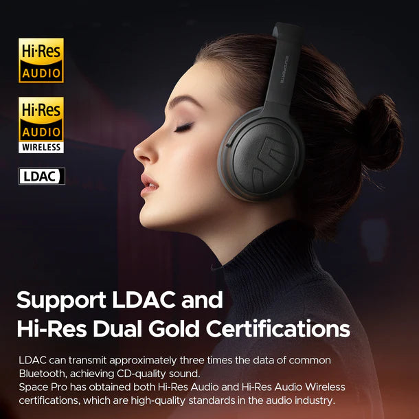 SoundPEATS Space Pro, en noir, drivers doubles et compatible avec LDAC pour un son spatial 360º et une réduction de son avec IA qui réduit jusqu'à 47 dB- 151 heure d'autonomies