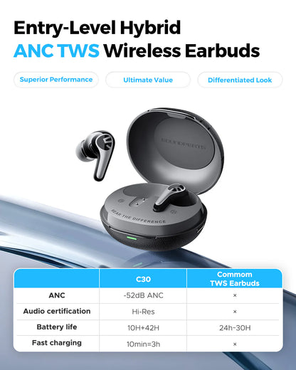 SOUNDPEATS C30 - Écouteurs Bluetooth 6.0 - 52h - ANC -52dB - LDAC Hi-Res - 6 micros - IP54