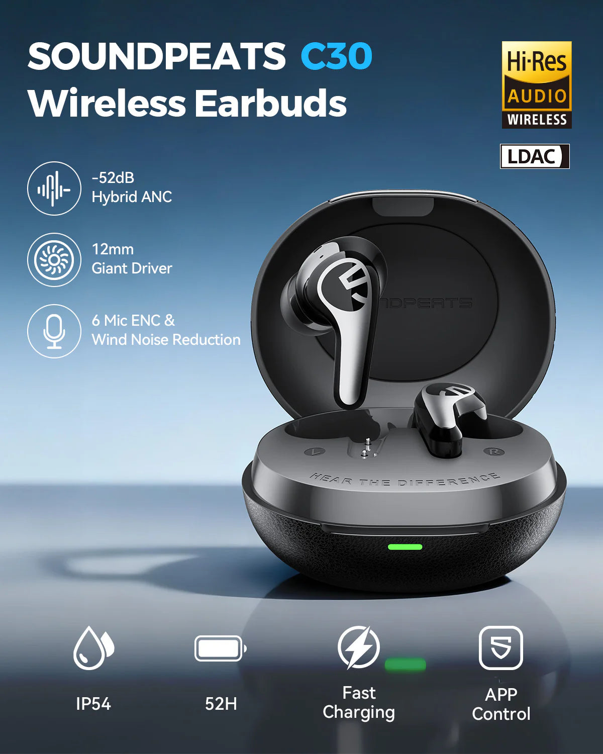 SOUNDPEATS C30 - Écouteurs Bluetooth 6.0 - 52h - ANC -52dB - LDAC Hi-Res - 6 micros - IP54