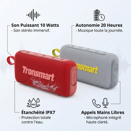 Tronsmart Trip 2 Enceinte portable d'extérieur 10 Watt- 20 heures d'autonomie- étanchéité IPX7-es appels mains libres via un microphone intégré