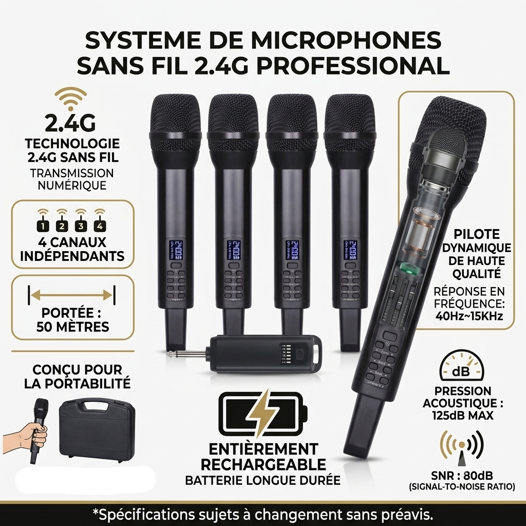 Micro sans fil 2.4G - 4 canaux - 50m - 125dB - 40Hz~15KHz - SNR 80dB - rechargeable