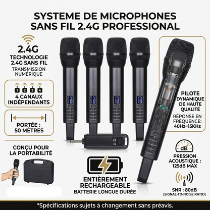 Micro sans fil 2.4G - 4 canaux - 50m - 125dB - 40Hz~15KHz - SNR 80dB - rechargeable