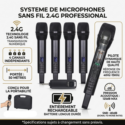 Micro sans fil 2.4G - 4 canaux - 50m - 125dB - 40Hz~15KHz - SNR 80dB - rechargeable