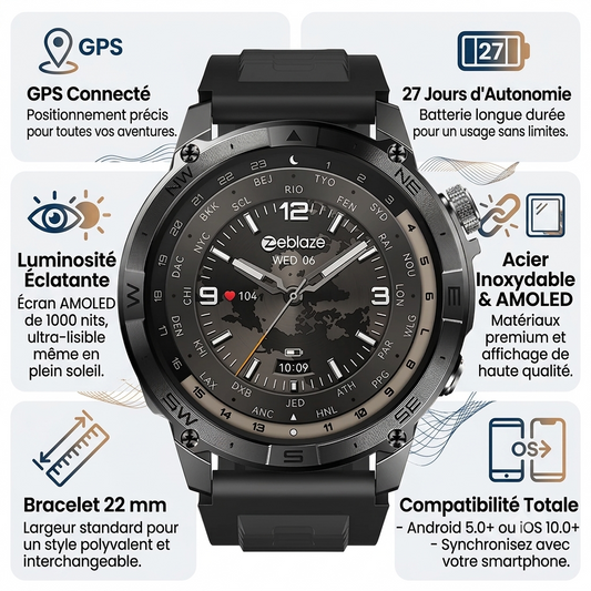 Zeblaze Stratos 2 Plus - Montre connectée GPS, 27j batterie, 1000 nits, Acier inoxydable-AMOLED-22 mm- Android 5.0 ou iOS 10.0