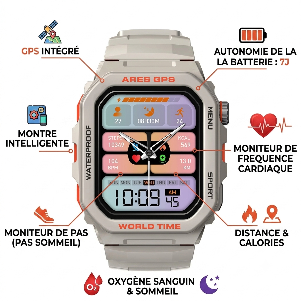 Zeblaze Ares-  GPS intégré - montre intelligente - Autonomie de la batterie 7j - Moniteur de fréquence cardiaque,autre,Moniteur d'oxygène sanguin,Moniteur de sommeil