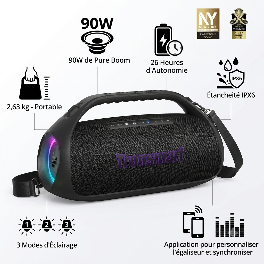 Tronsmart Bang 2 Enceinte de fête extérieure - 90 W de Pure Boom  - 26 heures d'autonomie - étancheité IPX6- application pour personnaliser l'égaliseur et synchroniser - 3 modes d'éclairage -  2,63 kg