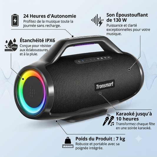 Tronsmart Bang Max  - 24 heure d'autonomie-  Étanchéité IPX6  -  un son époustouflant de 130 W- Karaoké  jusqu'à 10 heures - Poids du produit 7kg