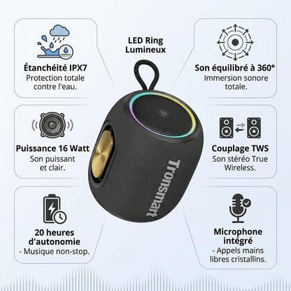 Tronsmart T8 mini  Enceinte d'extérieur portable - 16 Watt- Son équilibré à 360° - 20 heures d'autonomie de batterie -  microphone intégré - étanchéité IPX7 - couplage TWS -