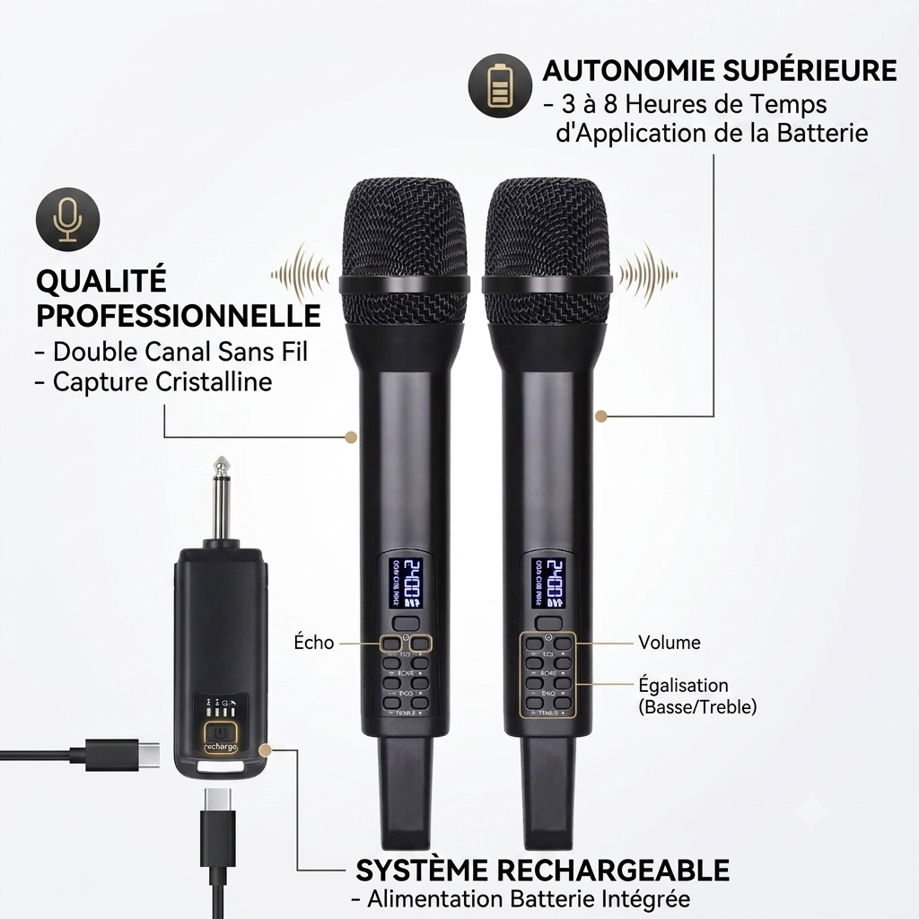 Microphone Professionnel sans fil double canal rechargeable - Temps d'application de la batterie: 3-8 heures - Alimentation batterie intégrée