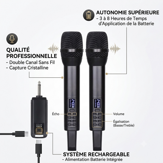 Microphone Professionnel sans fil double canal rechargeable - Temps d'application de la batterie: 3-8 heures - Alimentation batterie intégrée