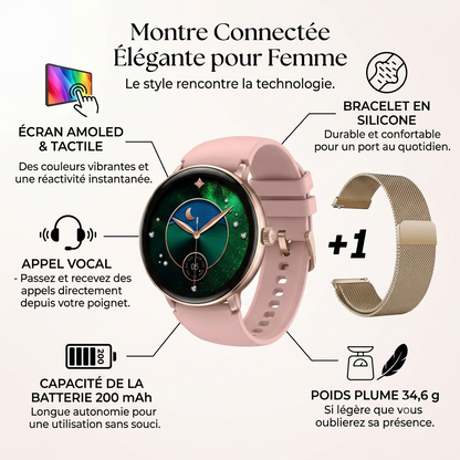 Zeblaze Lily 2 - Montre connectée élégante pour femme -Ecran AMOLED- Écran tactile -Bracelet en silicone durable et confortable- Capacité de la batterie 200 mAh - Appel vocal - Poids 34,6 g