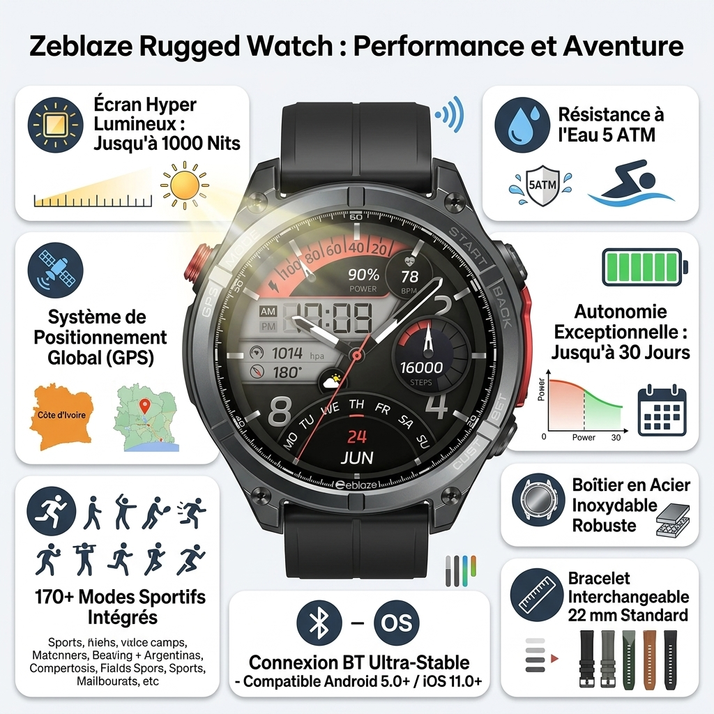 Zeblaze Stratos 4 - Montre GPS 1000 nits - 30j - 170 sports - 5ATM - Acier - BT - Compatible avec Android 5.0 et iOS 11.0 - Bracelets : 22 mm