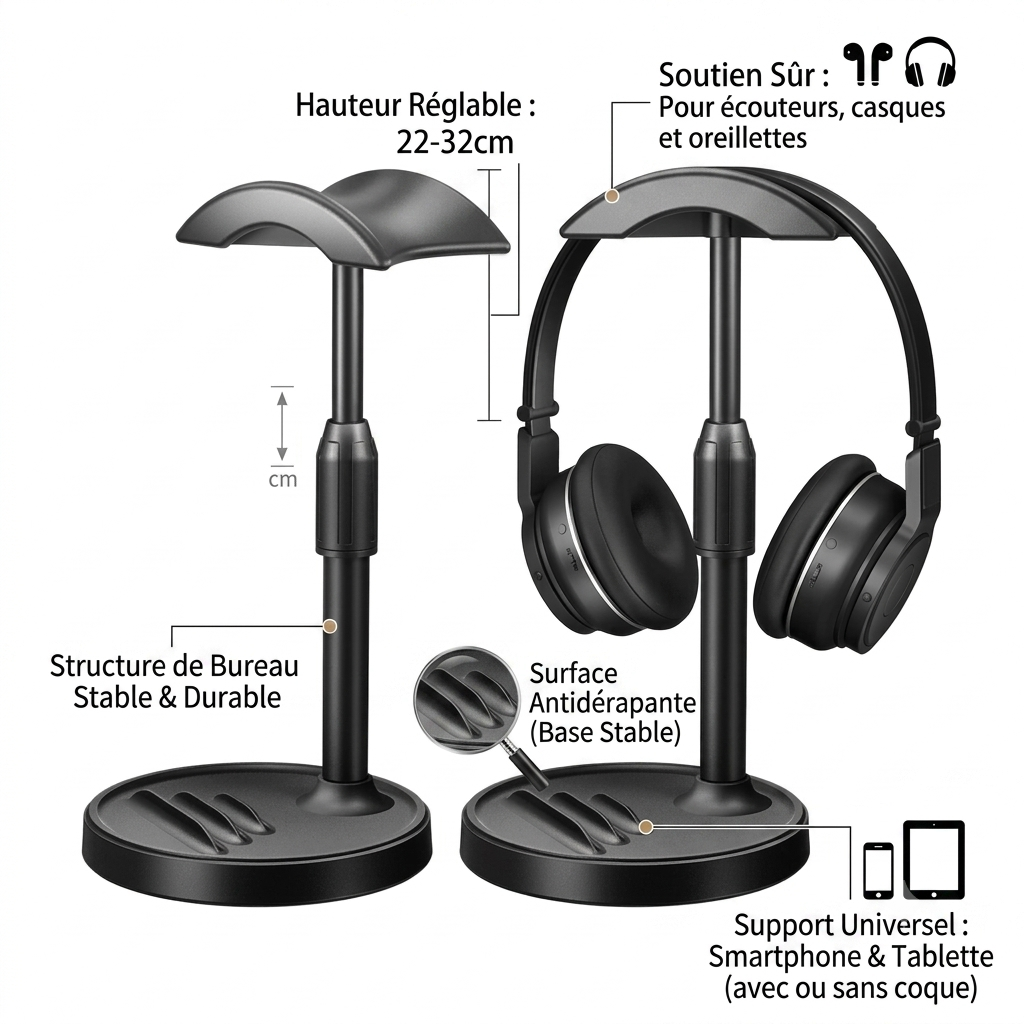 Support de casque antidérapant pour Smartphone tablette écouteur - support de bureau et stable -  Hauteur réglable: 22-32cm