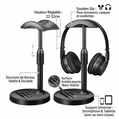 Support de casque antidérapant pour Smartphone tablette écouteur - support de bureau et stable -  Hauteur réglable: 22-32cm