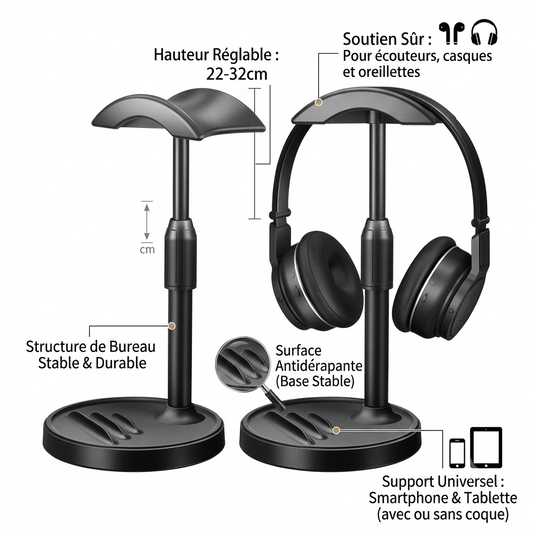 Support de casque antidérapant pour Smartphone tablette écouteur - support de bureau et stable -  Hauteur réglable: 22-32cm