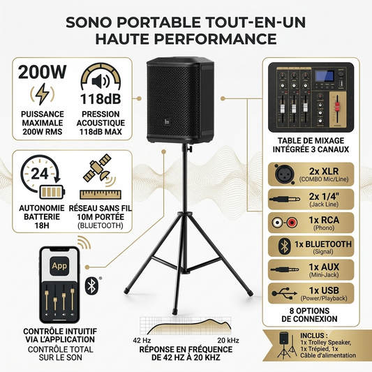 Tronsmart Hytune S1 - Sono portable 200W 118dB - 18h - 10m + Trépied -Table de mixage 3 canaux intégrée - 8 options de connexion, contrôle via l’application - sonorisation portable tout-en-un - fréquences de 42 Hz à 20 kHz