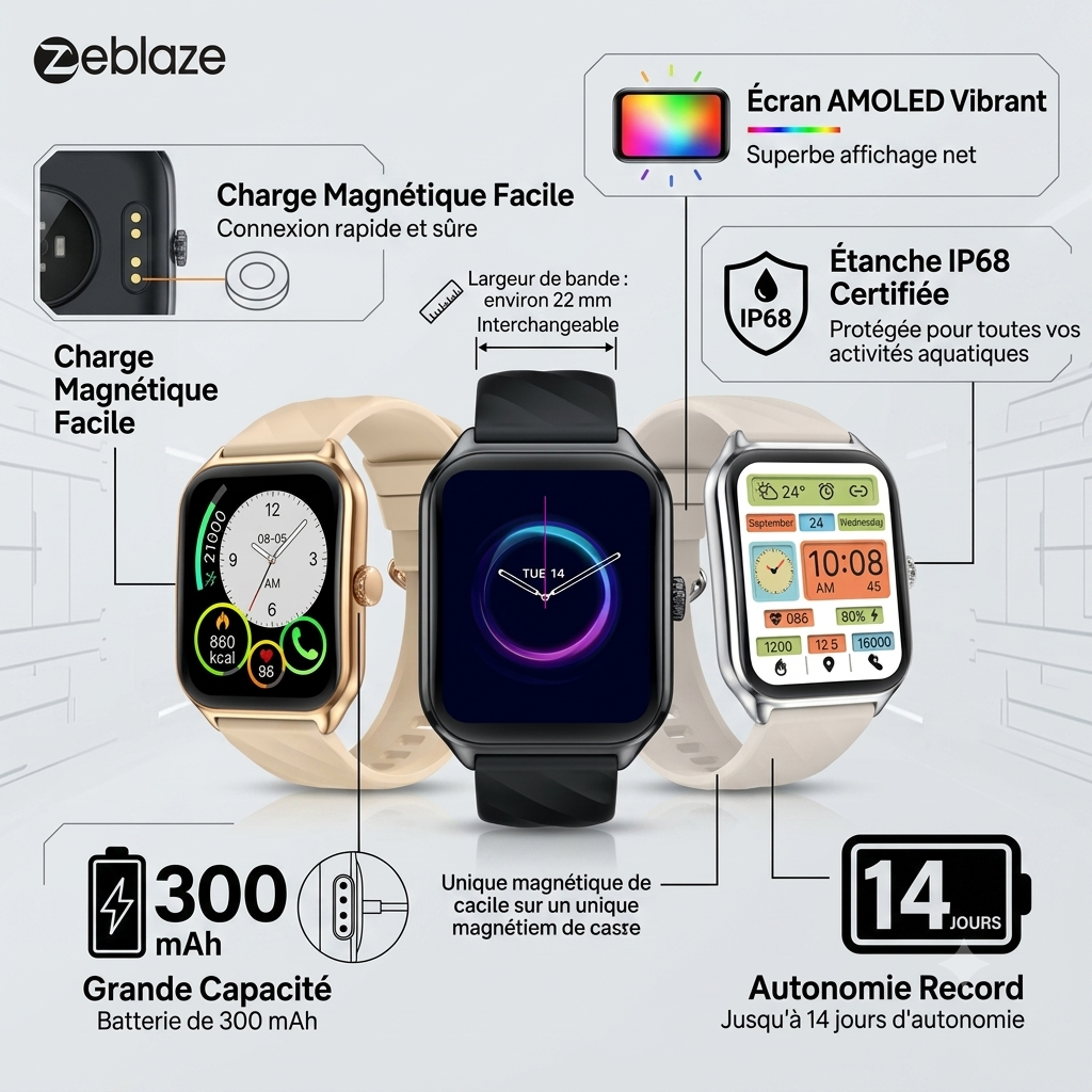 Zeblaze GTS4 - Montre intelligente - 14 jours d'autonomie - Charge magnétique -  Ecran AMOLED - autonomie 14 jours - Capacité de la batterie 300 mAh - Largeur de bande environ 22 mm - Étanche  IP68