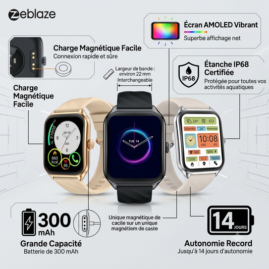 Zeblaze GTS4 - Montre intelligente - 14 jours d'autonomie - Charge magnétique -  Ecran AMOLED - autonomie 14 jours - Capacité de la batterie 300 mAh - Largeur de bande environ 22 mm - Étanche  IP68