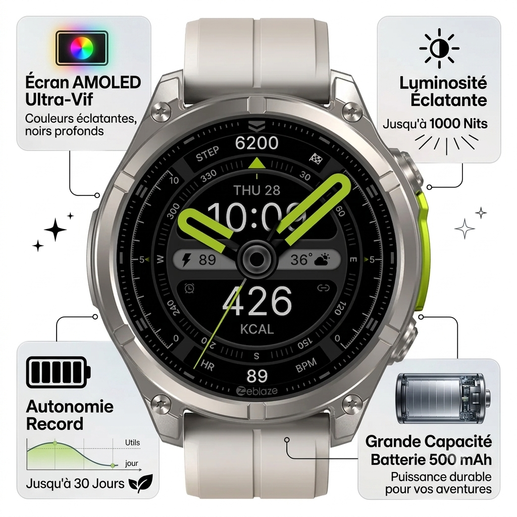 Zeblaze VIBE 8 -  Montre connectée- Luminosité : 1000 nits - ecran AMOLED - Autonomie 30 jours - Capacité  500 mAh