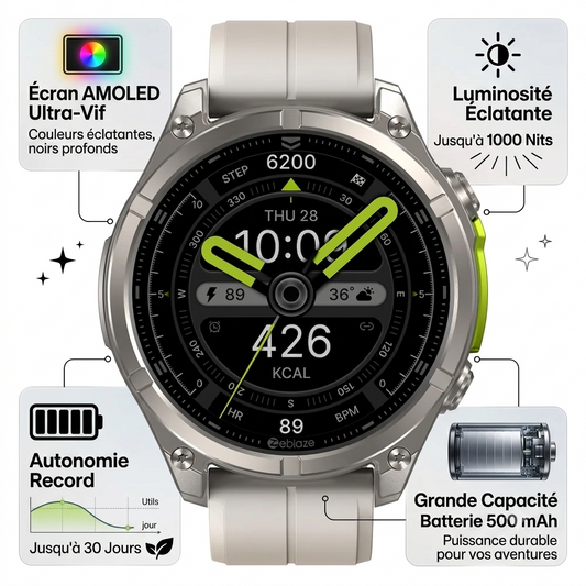 Zeblaze VIBE 8 -  Montre connectée- Luminosité : 1000 nits - ecran AMOLED - Autonomie 30 jours - Capacité  500 mAh
