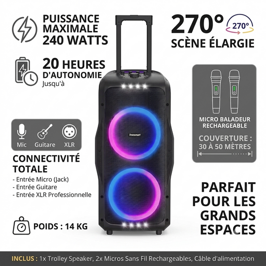Tronsmart Halo 300  240 Watts - 20 heures d'autonomie - parfait pour les grands espace -Entrée micro ,guitare et XLR -  14 kg -  scène élargie à 270° + 2 micro baladeur professionnel rechargeable ( 30 à 50 mètres de couverture )