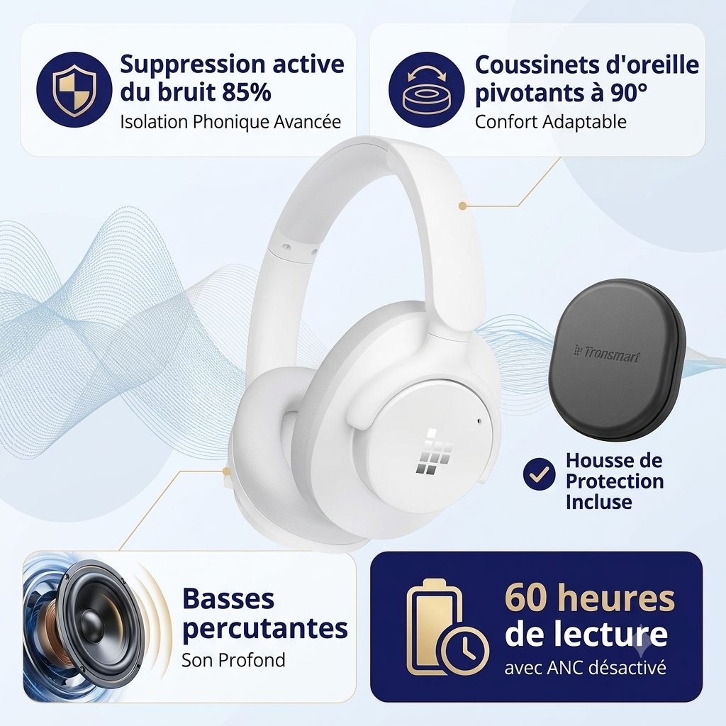 Tronsmart Sounfii Q20 + Housse- Suppression active du bruit  85 %  -  Coussinets d'oreille pivotants à 90°  - 60 heures de lecture avec ANC désactivé  -  basses percutantes