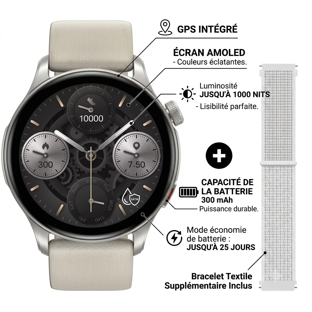 Zeblaze-Btalk 3 Smartwatch avec GPS - AMOLED - Luminosité  Jusqu'à 1000 nits - Résistance à l'eau  3 ATM - Capacité de la batterie  300 mAh - en mode économie de batterie  Jusqu'à 25 jours