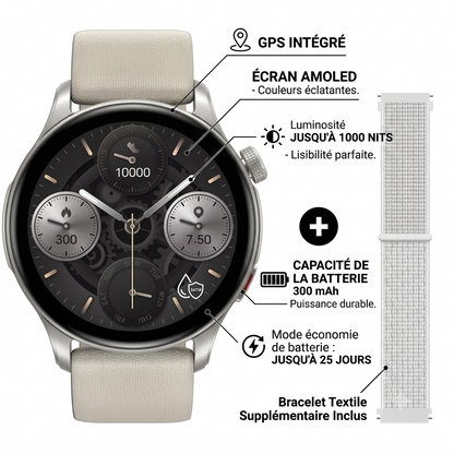 Zeblaze-Btalk 3 Smartwatch avec GPS - AMOLED - Luminosité  Jusqu'à 1000 nits - Résistance à l'eau  3 ATM - Capacité de la batterie  300 mAh - en mode économie de batterie  Jusqu'à 25 jours