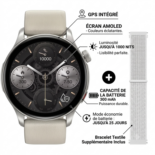 Zeblaze-Btalk 3 Smartwatch avec GPS - AMOLED - Luminosité  Jusqu'à 1000 nits - Résistance à l'eau  3 ATM - Capacité de la batterie  300 mAh - en mode économie de batterie  Jusqu'à 25 jours