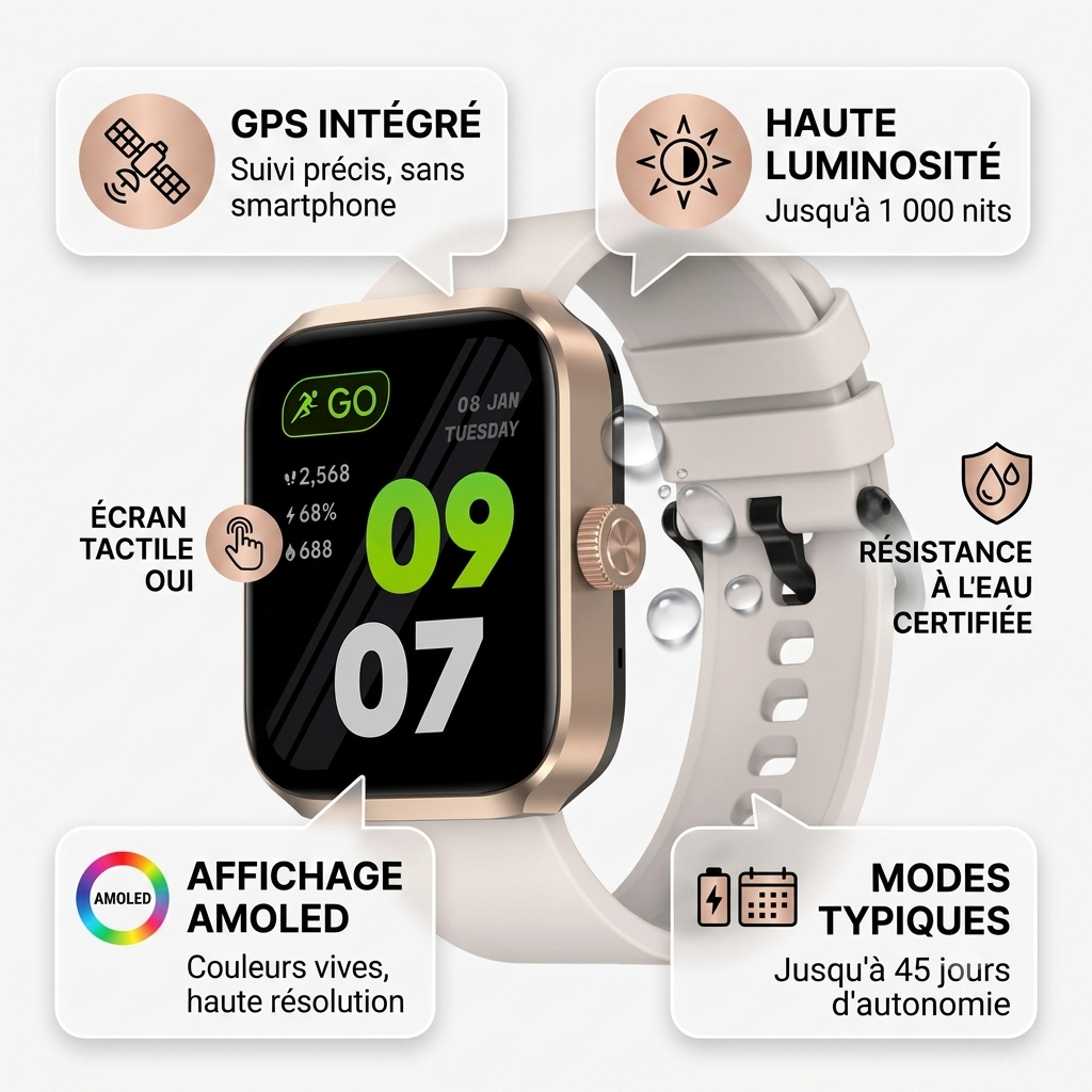 Zeblaze Beyond 3 Plus -GPS intégré - montre intelligente - écran tactile  OUI - affichage  AMOLED - Résistance à l'eau - Modes d'utilisation typiques  Jusqu'à 45 jours -  luminosité jusqu'à 1 000 nits