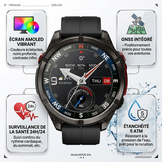 ZEBLAZE STRATOS 4 PRO - étanchéité 5 ATM - Écran AMOLED - Surveillance de la santé 24h/24 - GNSS intégré