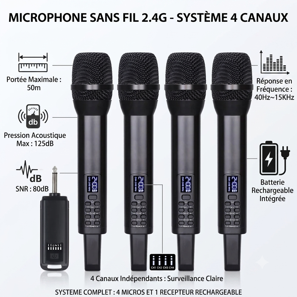 Micro sans fil 2.4G - 4 canaux - 50m - 125dB - 40Hz~15KHz - SNR 80dB - rechargeable