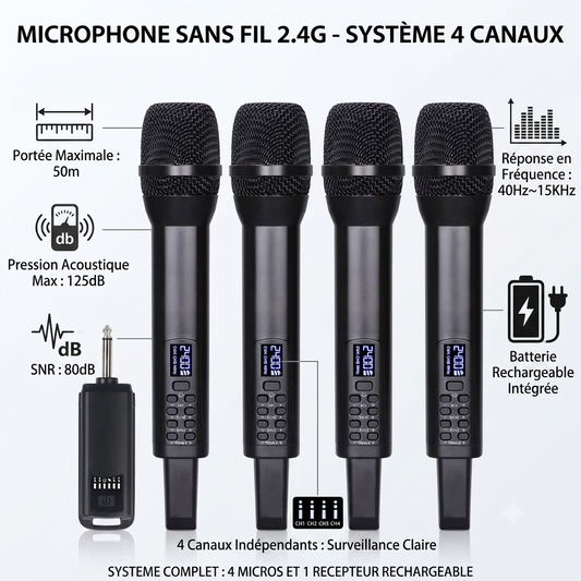 Micro sans fil 2.4G - 4 canaux - 50m - 125dB - 40Hz~15KHz - SNR 80dB - rechargeable
