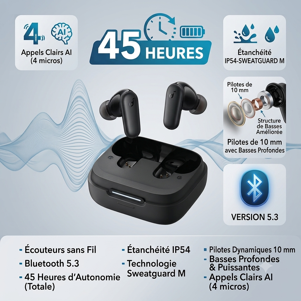 Anker Soundcore by R50i NC Écouteurs sans Fil avec Pilotes de 10 mm avec Grosses Basses, Bluetooth 5.3, 45 Heures de Lecture, étanchéité IP54-Sweatguard M, appels clairs AI avec 4 micros, 22