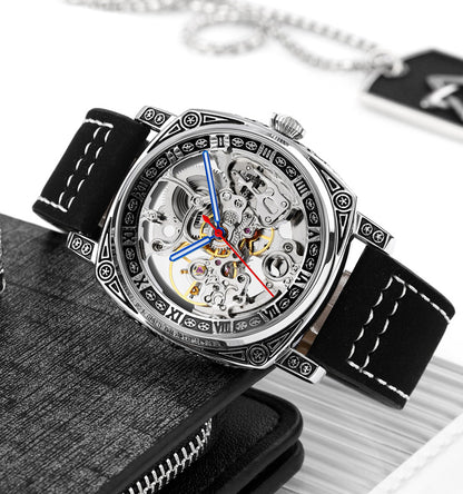 SKMEI - Montre mécanique pour homme, étanche 3 ATM, automatique, bracelet en cuir