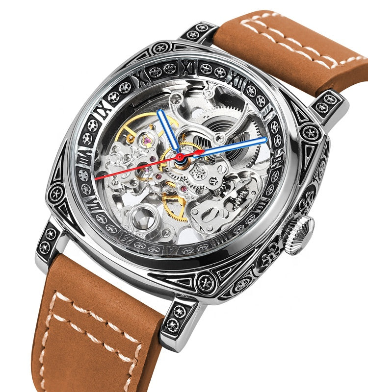SKMEI - Montre mécanique pour homme, étanche 3 ATM, automatique, bracelet en cuir