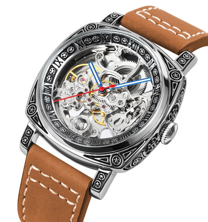 SKMEI - Montre mécanique pour homme, étanche 3 ATM, automatique, bracelet en cuir