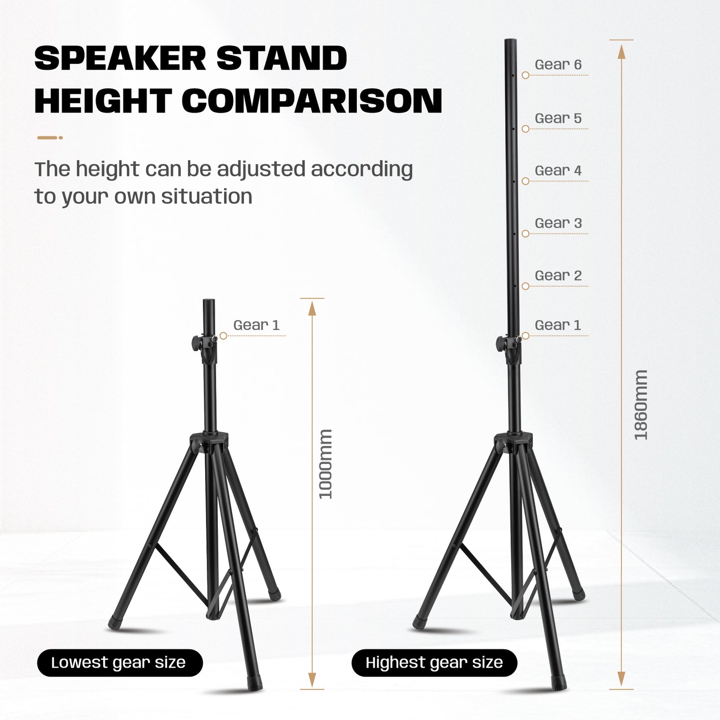 Trépied professionnel pour DJ, support de haut-parleur en métal noir robuste avec tube extra épais, hauteur réglable de 100 cm à 186 cm,