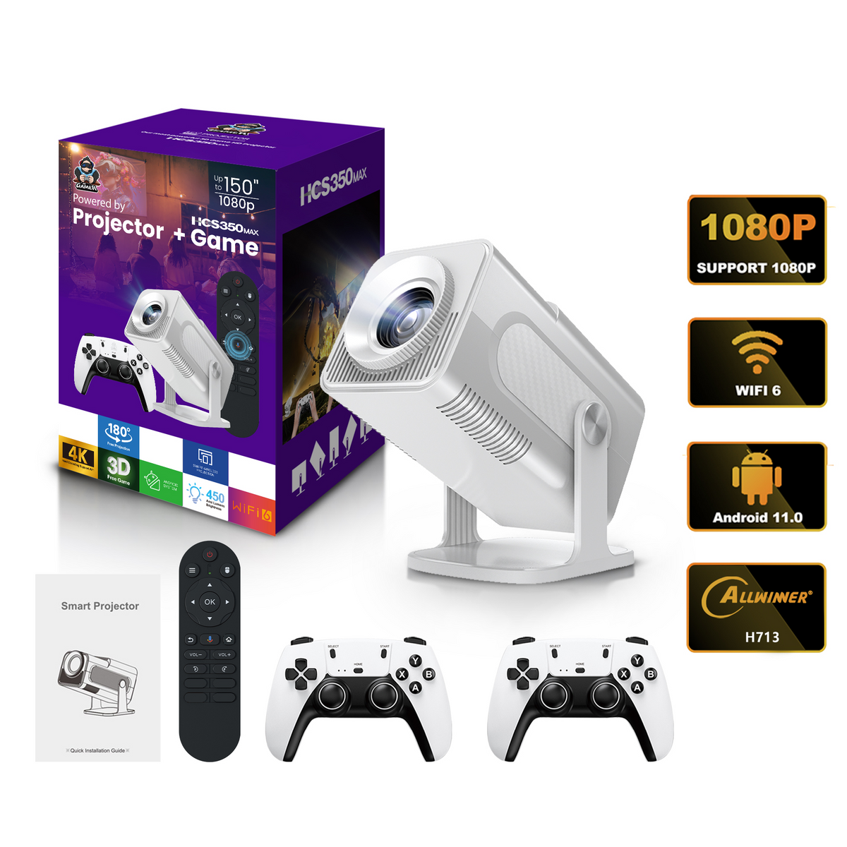 Projecteur HCS350 MAX, module LED blanc 100000H, conception basse consommation, Android 11, projecteur de jeu pour un divertissement à domicile durable