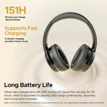 SoundPEATS Space Pro, en noir, drivers doubles et compatible avec LDAC pour un son spatial 360º et une réduction de son avec IA qui réduit jusqu'à 47 dB- 151 heure d'autonomies