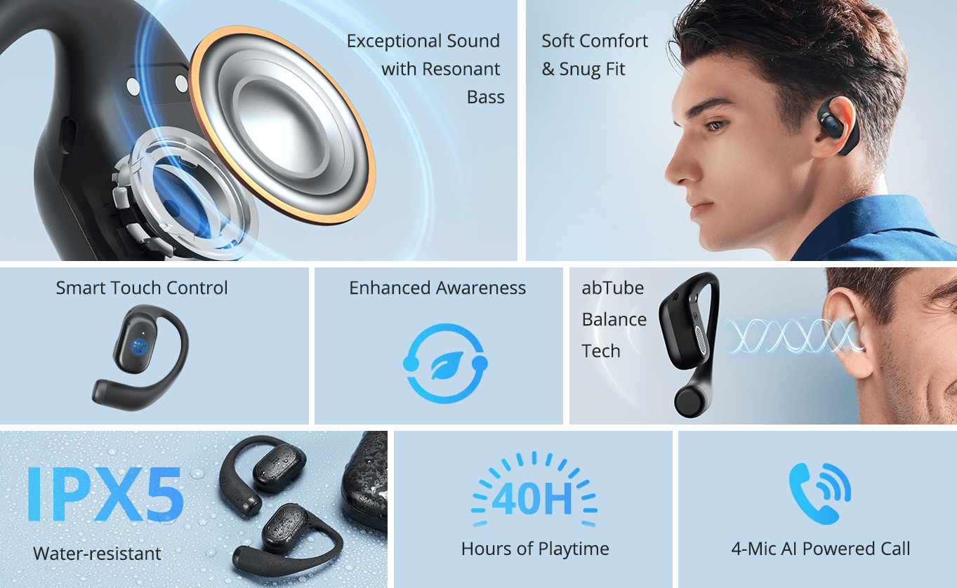 Tronsmart OpenFly 2 Pro - Casque ouvert - 4 micros IA - 10h - égaliseur - 8,8 g