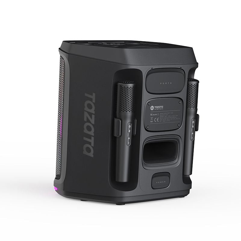 TAZATA PARTY 1200 avec 2 micros - Enceinte Bluetooth extérieure 120 W - Bluetooth 6.0, étanchéité IPX4, batterie 5200 mAh et 10 h d'autonomie