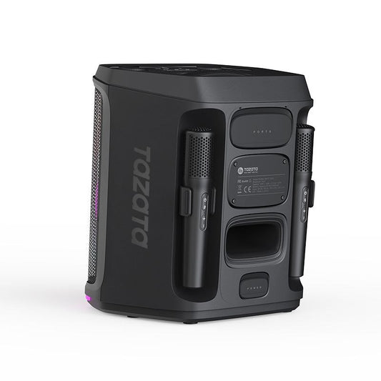TAZATA PARTY 1200 avec 2 micros - Enceinte Bluetooth extérieure 120 W - Bluetooth 6.0, étanchéité IPX4, batterie 5200 mAh et 10 h d'autonomie