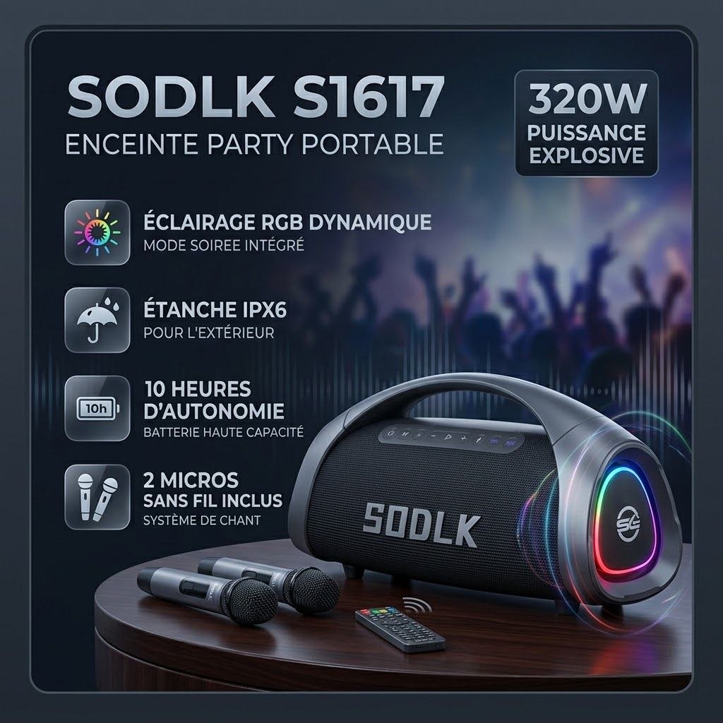 SODLK S1617 - Enceinte portable 320W RGB IPX6 - 10h - 2 micros - télécommande