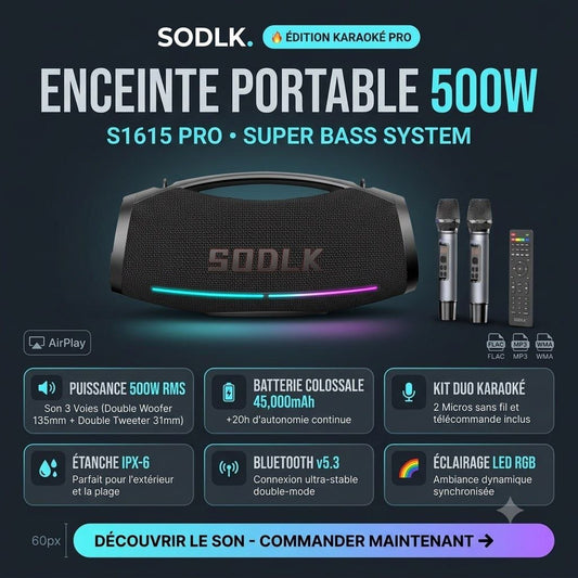 SODLK S1615 PRO - Sono - PMPO : 500-800W 45000mAh - 20h - HDMI - 2 micros - télécommande - 10kg - 2KHz-20KHz - Éclairage LED : RVB