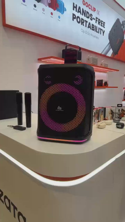 TAZATA PARTY 1200 avec 2 micros - Enceinte Bluetooth extérieure 120 W - Bluetooth 6.0, étanchéité IPX4, batterie 5200 mAh et 10 h d'autonomie